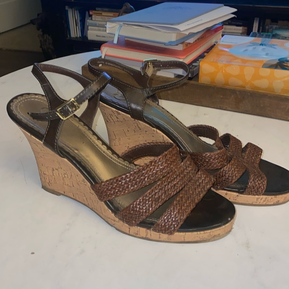 Adorable Brown leather Strappy Wedges - Work Once!